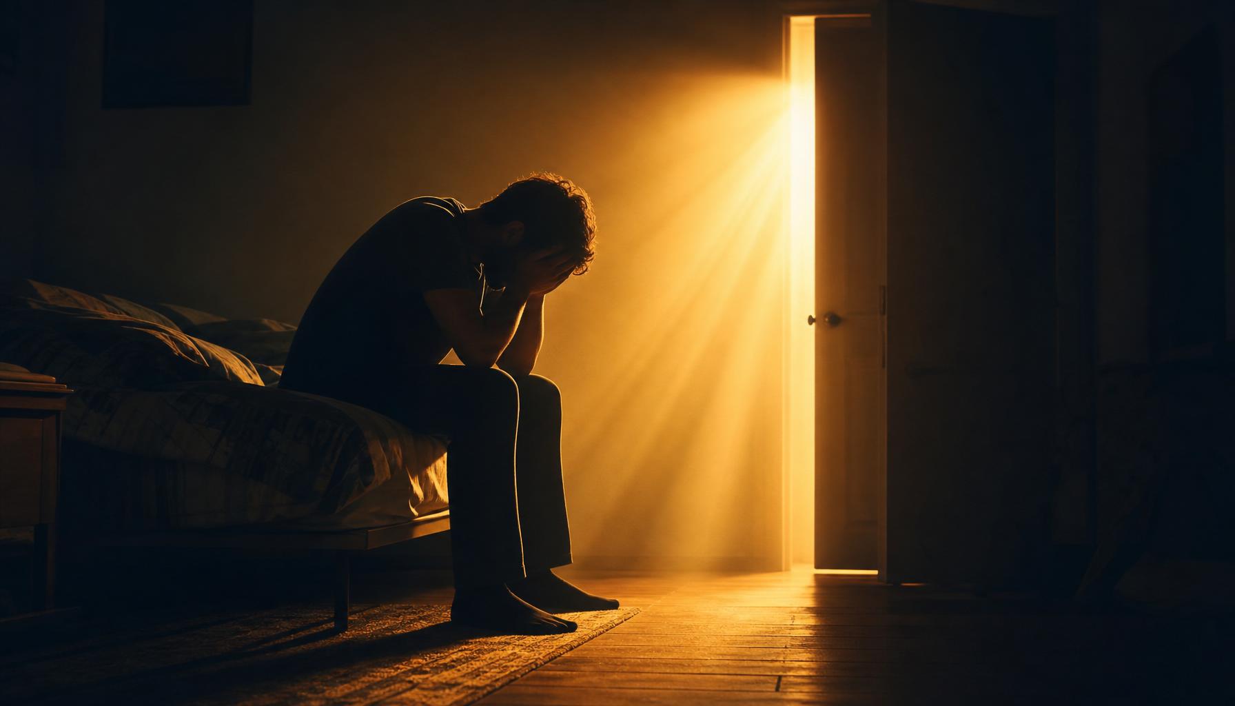 Pessoa em um quarto escuro, sentada na cama em momento de profunda angústia, com uma luz de esperança na porta