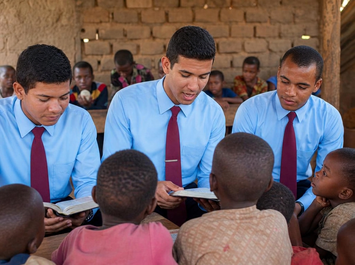 Turma de missionários enviados pelo IBJ — camisa azul celeste, gravata vermelho escuro e plaquinha IBJ no peito, com a Bíblia em mãos